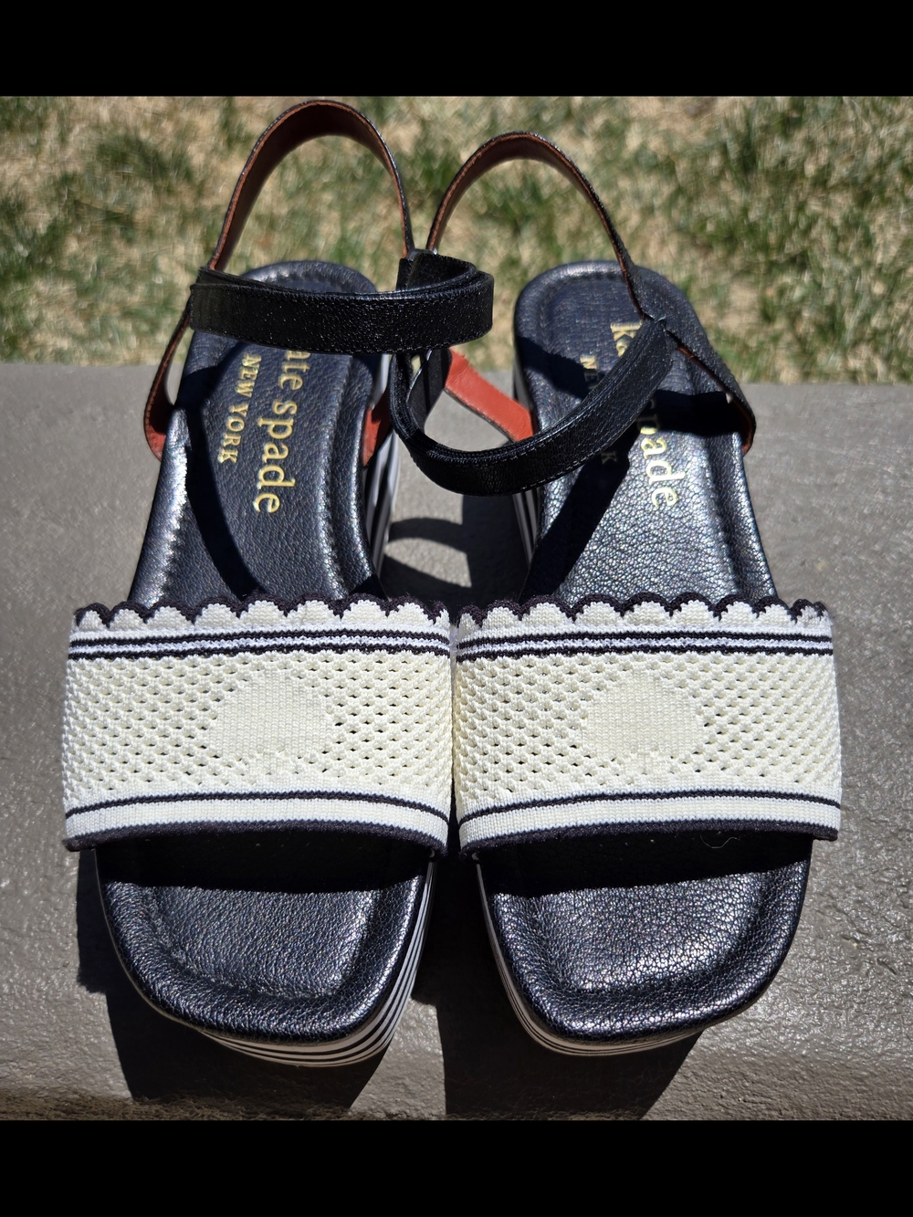 kate spade Black and Cream Platform Sandals with Scallop Trim